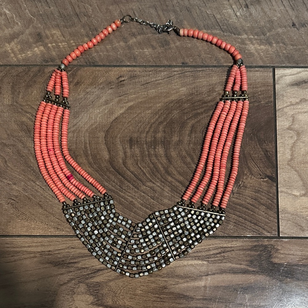 Anthropologie Coral and Bronze Beaded Necklace